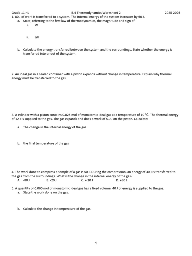 Grade 11 HL B.4 Thermodynamics Worksheet | PDF | Gases | Temperature