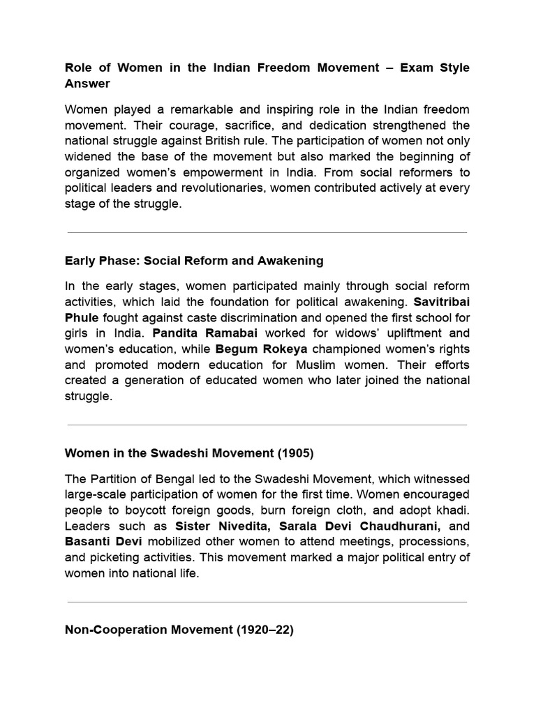 Role of Women in The Indian Freedom Movement - Exam Style Answer | PDF ...