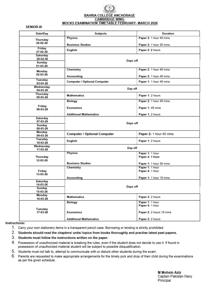 Sr-III Mocks Examination Time Table February-March 2026 | PDF