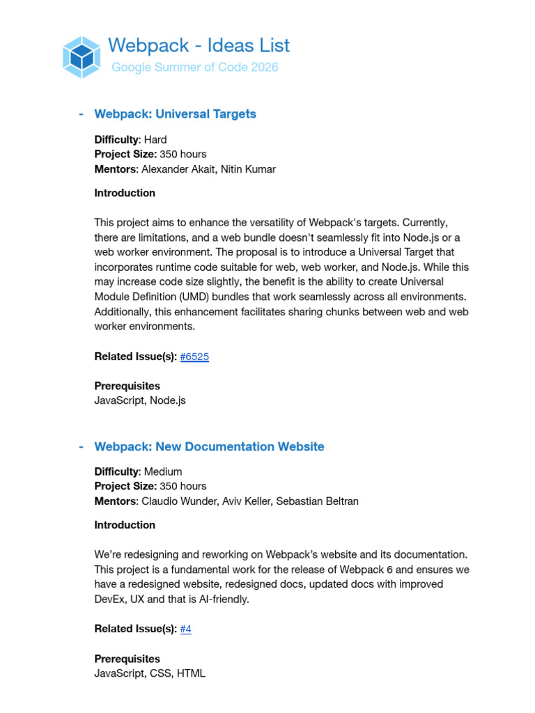 Webpack Google Summer of Code 2026 - Ideas List | PDF
