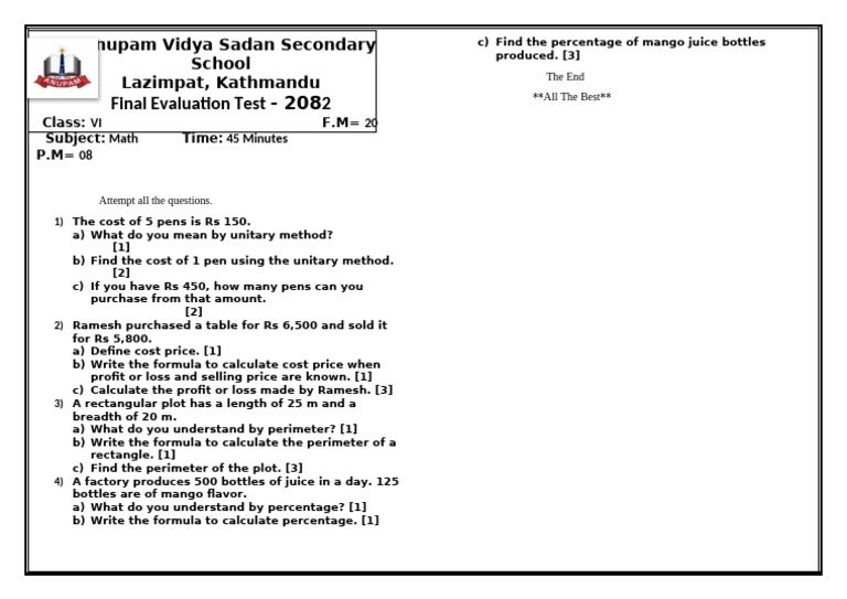 Final Ut Class 6 Maths | PDF