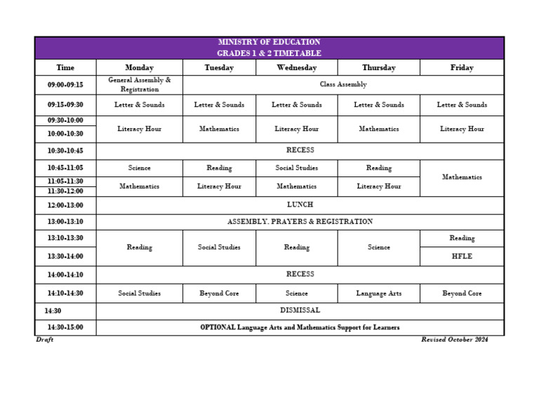 Literacy Hour Break Timetable-Draft October 2024 | PDF