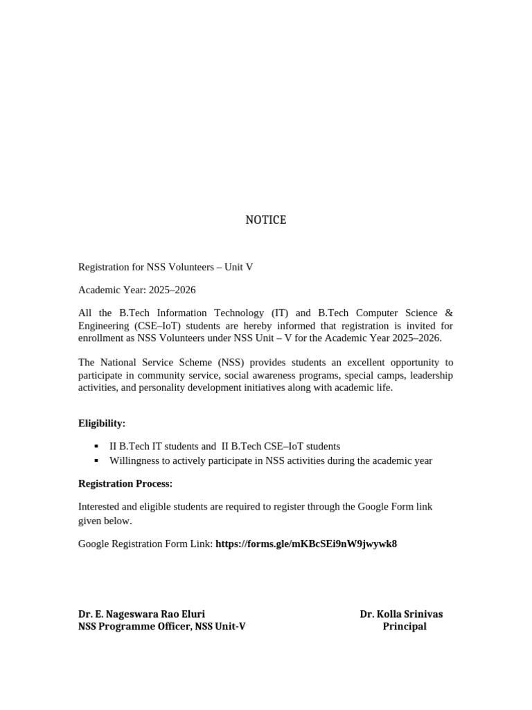 NSS Unit V Notice 2025 2026 | PDF
