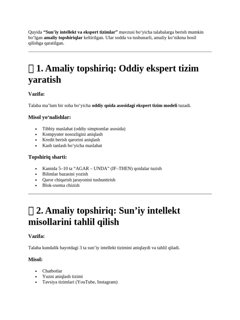 Amaliy Topshiriqga Ekspert Tizimlarga | PDF