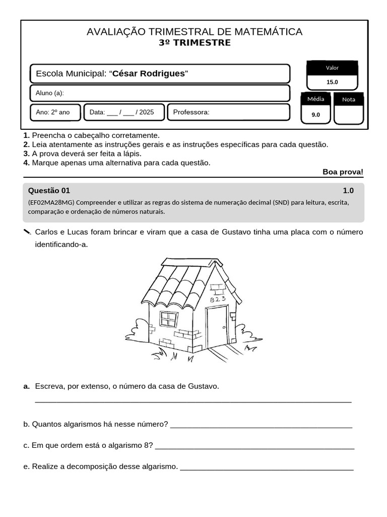 Avaliação Trimestral de Matemática 3º Trimestre - 2º Ano 2025 | PDF ...