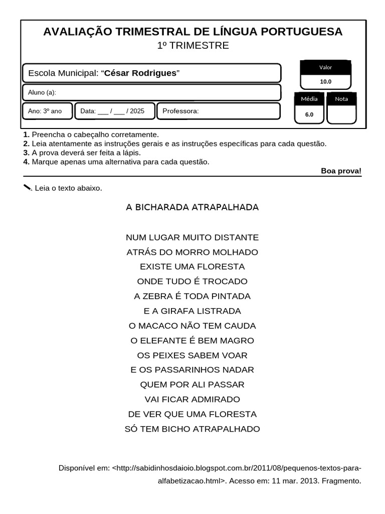 Avaliação Trimestral de L. Portuguesa 1º Trimestre - 3º Ano 2025 | PDF ...