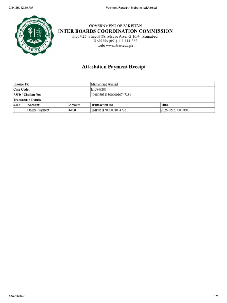 Ibcc Payment Receipt | PDF
