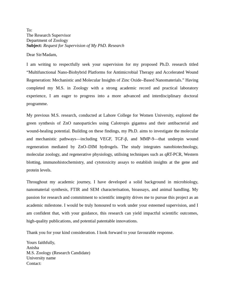 Request For Supervision of My Phd. Research: Subject | PDF