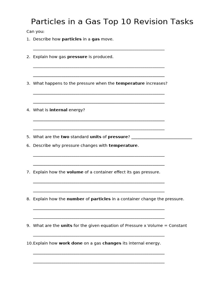 Particle in A Gas Revision Tasks | PDF | Gases | Pressure
