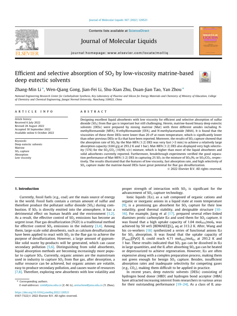 Efficient and Selective Absorption of SO2 by Low-Viscosity Matrine ...
