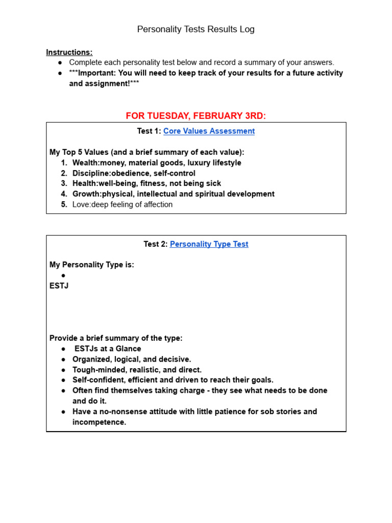 Personality Tests Results Log | PDF | Behavioural Sciences | Cognition