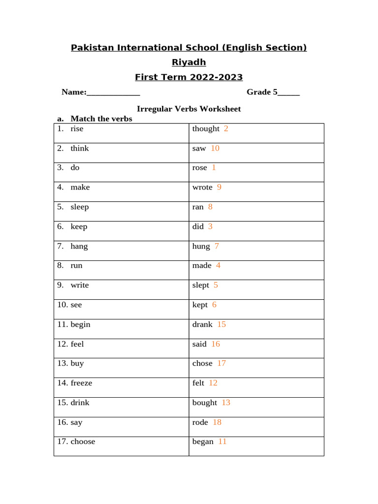 Answer Key-Regular & Irregular Verbs Worksheets - Grade 5 | PDF
