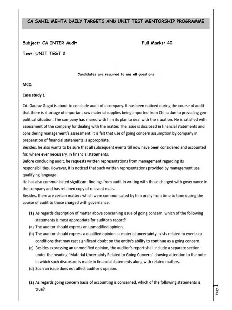 Unit Test 2 (Audit) M25 | PDF | Going Concern | Auditor's Report