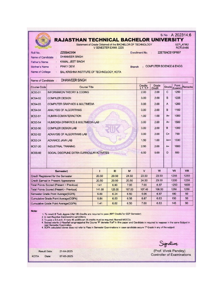 RTU V Semester Marksheet | PDF