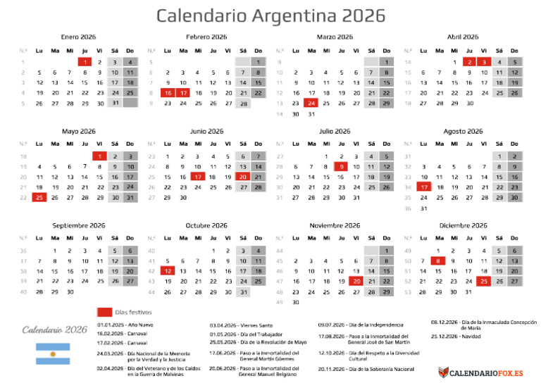 Calendario Argentina 2026 Con Festivos | PDF