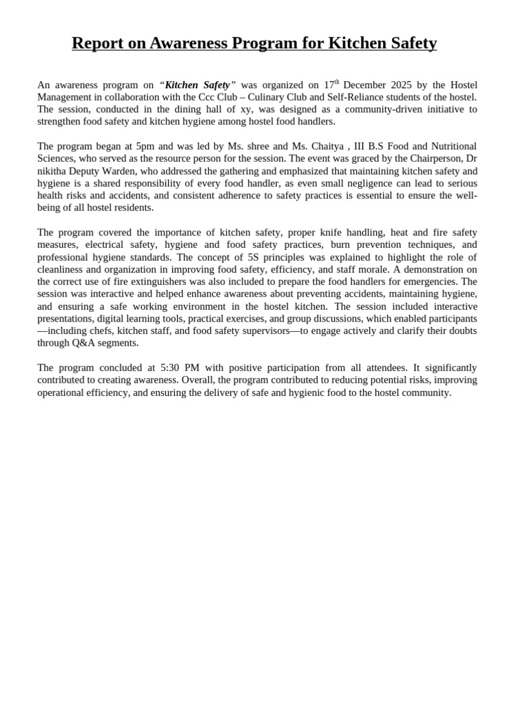 Report On Awareness Program For Food Handlers - Kitchen Hygiene | PDF