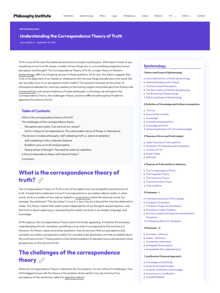 Philosophy Institute Epistemology Correspondence Theory Truth | PDF ...