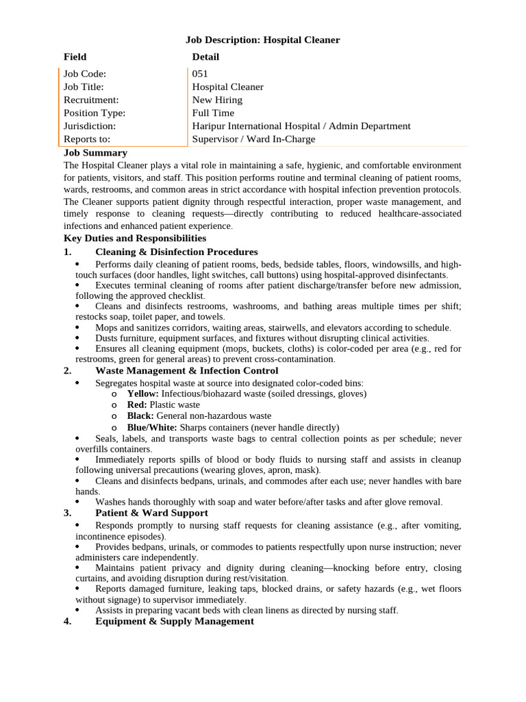 Job Description Cleaner | PDF | Public Toilet | Hygiene