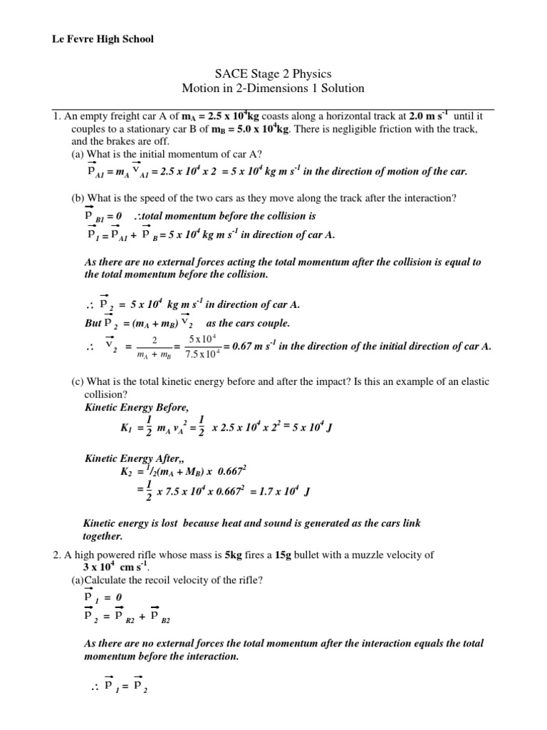 Worksheet Momentum In 2 Dimensions 1 Solution Collision Momentum