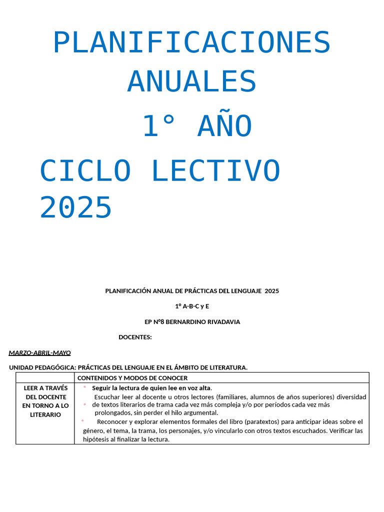 PLANIFICACIÓN Anual 1er Grado 2025 | PDF | Escritura | Palabra
