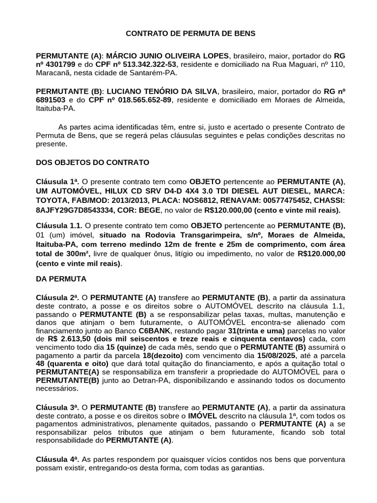 Contrato de Permuta de Bens Imóvei7 | PDF