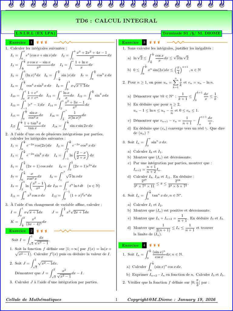 TD Ts1 Calcul Intég Diome 2026 | PDF | Intégral | Limite (mathématiques)