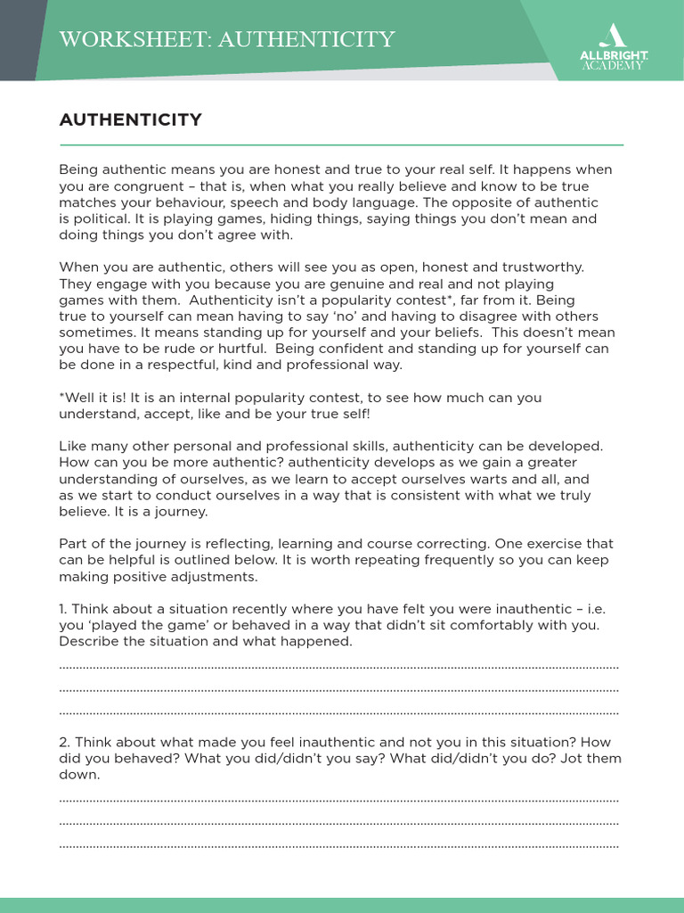 Authenticity Worksheet | PDF | Authenticity (Philosophy) | Psychology