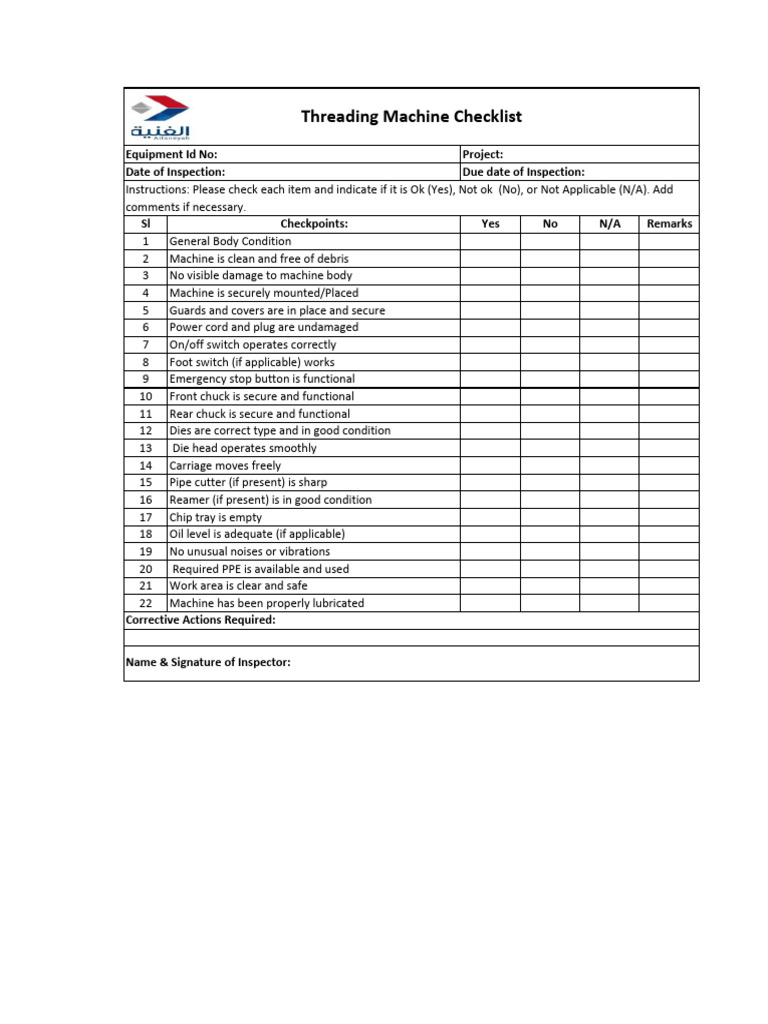 Threading Machine Checklist | PDF
