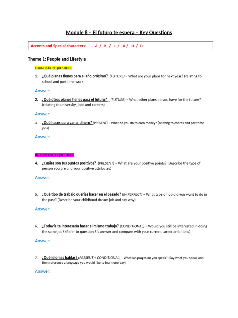 M8 El Futuro Te Espera Key Questions For STUDENTS Sept 25 | PDF