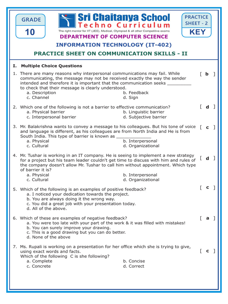 Grade 10 IT Part A-Unit 1-Practice Sheet 2 Key | PDF | Communication ...