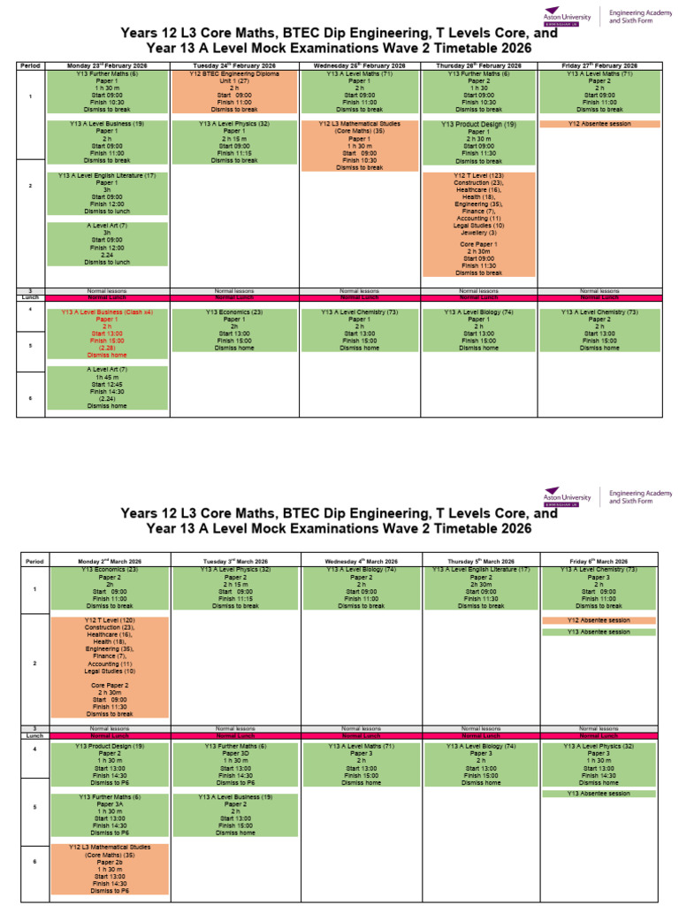 YEARS 12 and 13 Mock Exams Timetable Wave 2 2026 UPDATED | PDF | Science
