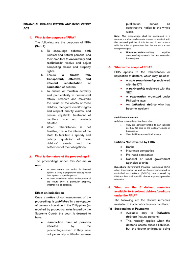 FRIA Outline | PDF | Liquidation | Insolvency