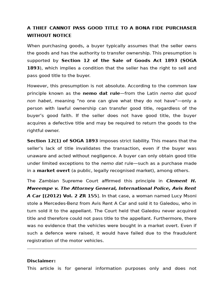 A Thief Cannot Pass Good Title To Bonafide Purchaser Without Notice | PDF