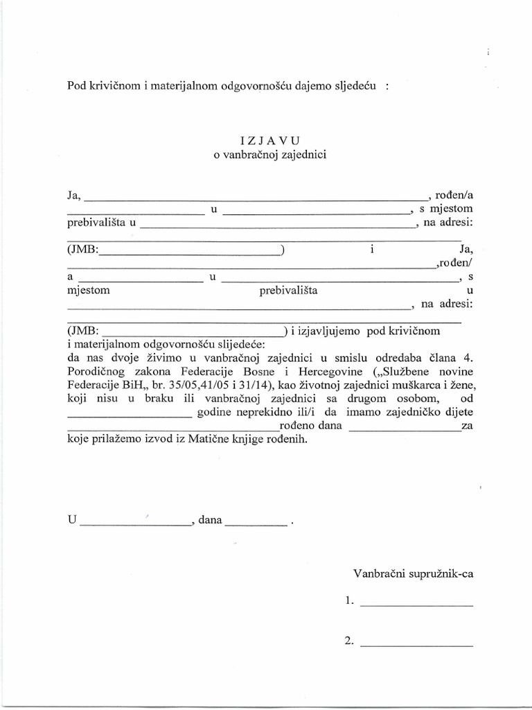 TK-Izjava o Vanbracnoj Zajednici | PDF