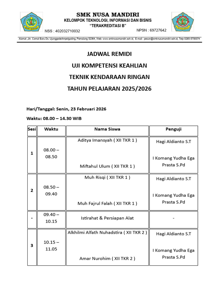 Remidi Ukk Xii TKR 2026 | PDF