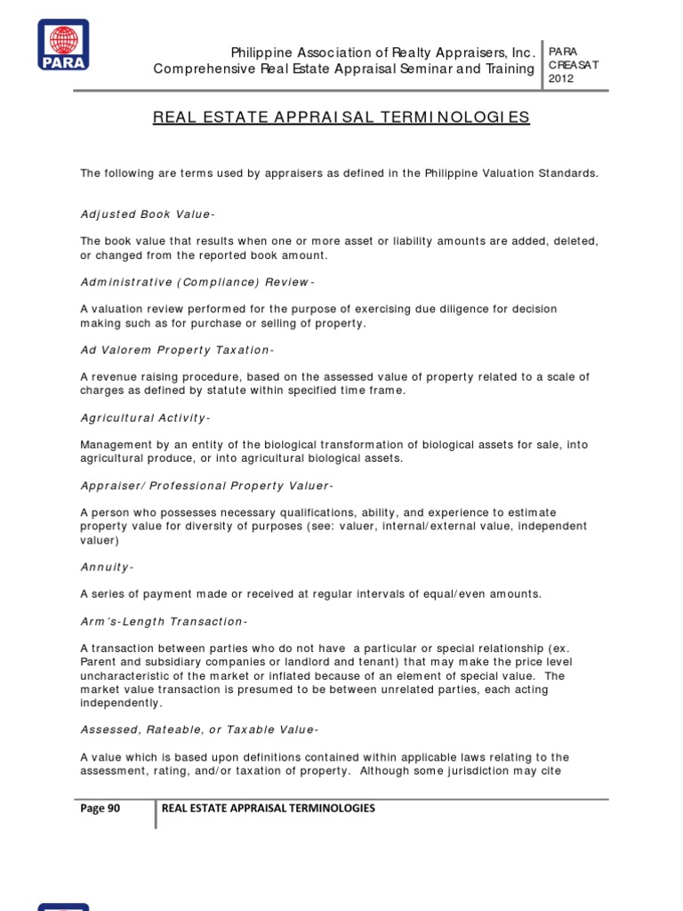 Terminologies in Real Estate Appraisal Real Estate Appraisal