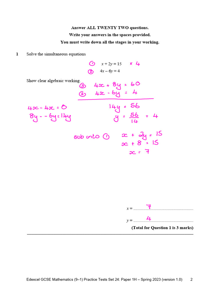 Practice Tests Set 24 - 1H Written Solutions | PDF | Algebra | Mathematics