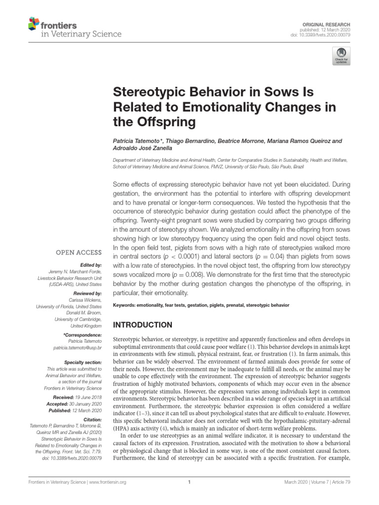 2020 Stereotypic Behavior in Sows Is Related To Emotionality Changes in ...