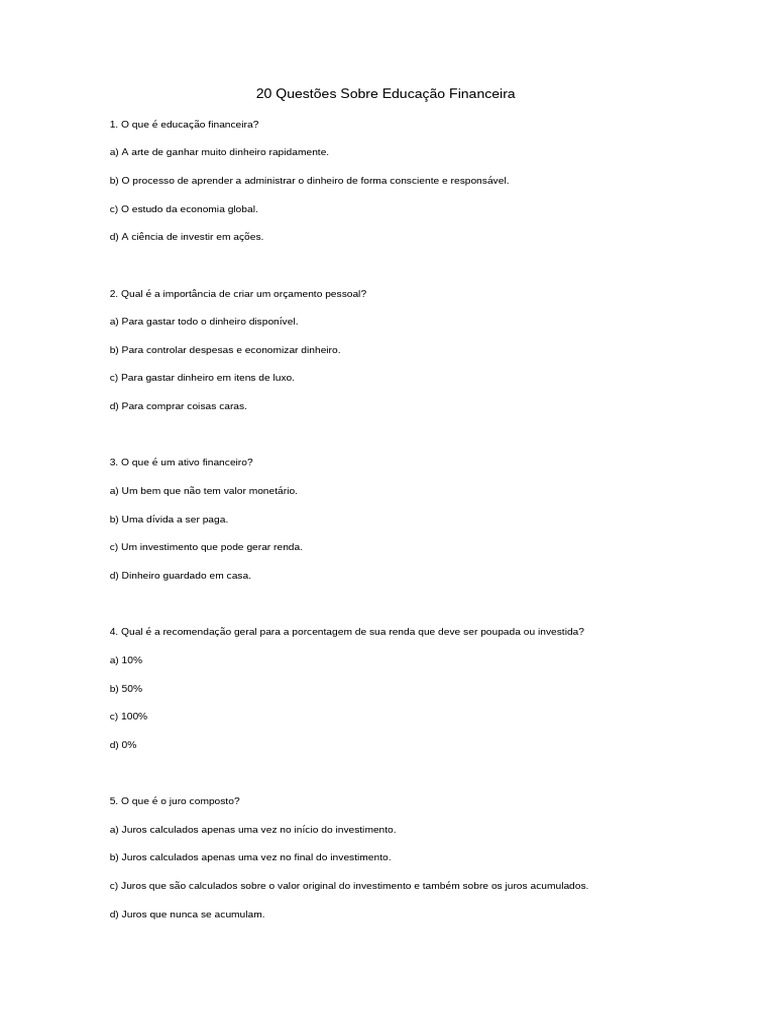 20 Questões Sobre Educação Financeira | PDF | Dinheiro | Investimentos