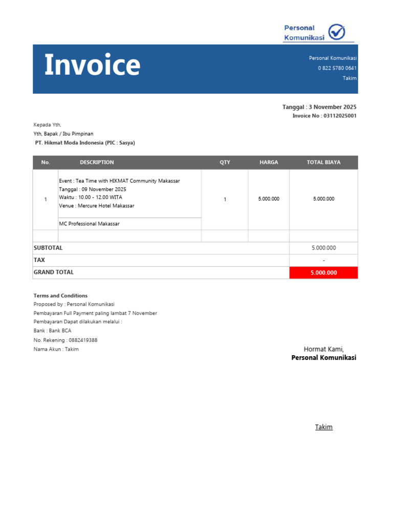 Invoice MC Hikmat Community Makassar 9 Nov | PDF