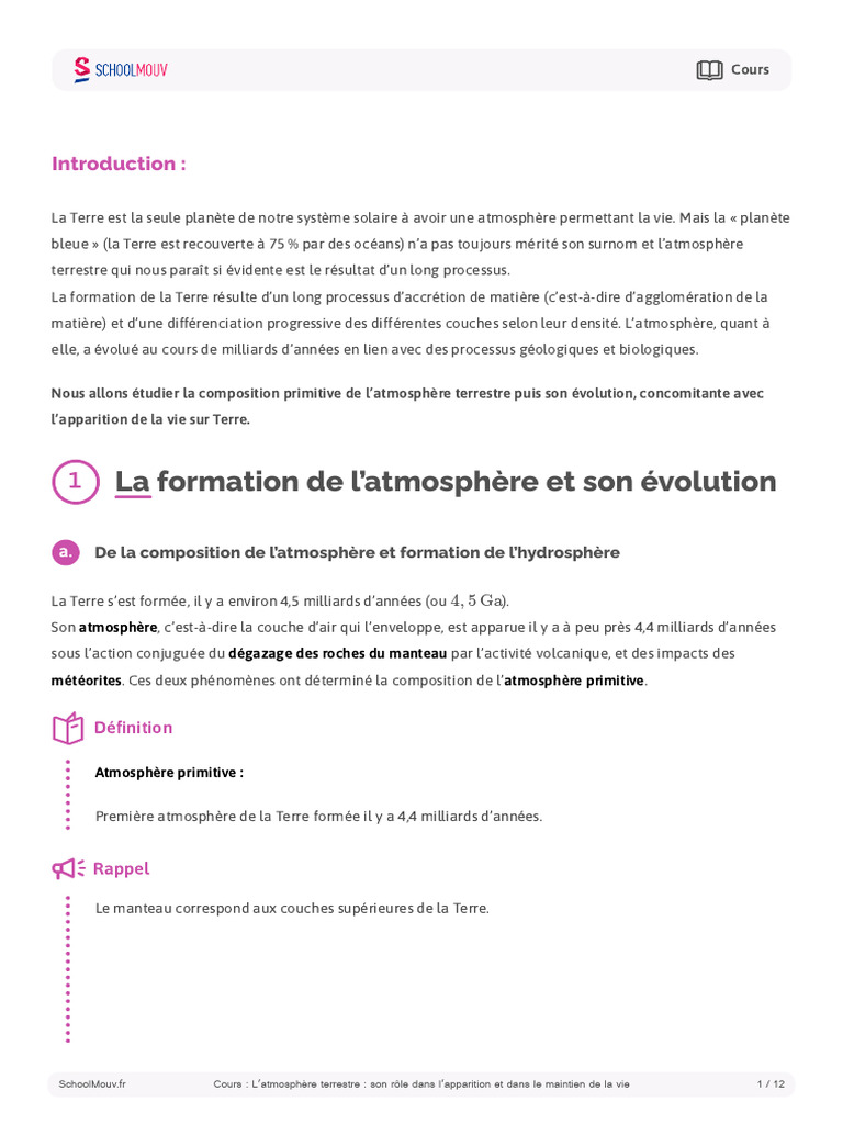 L Atmosphere Terrestre Et La Vie Fiche de Cours | PDF | Atmosphère | Terre