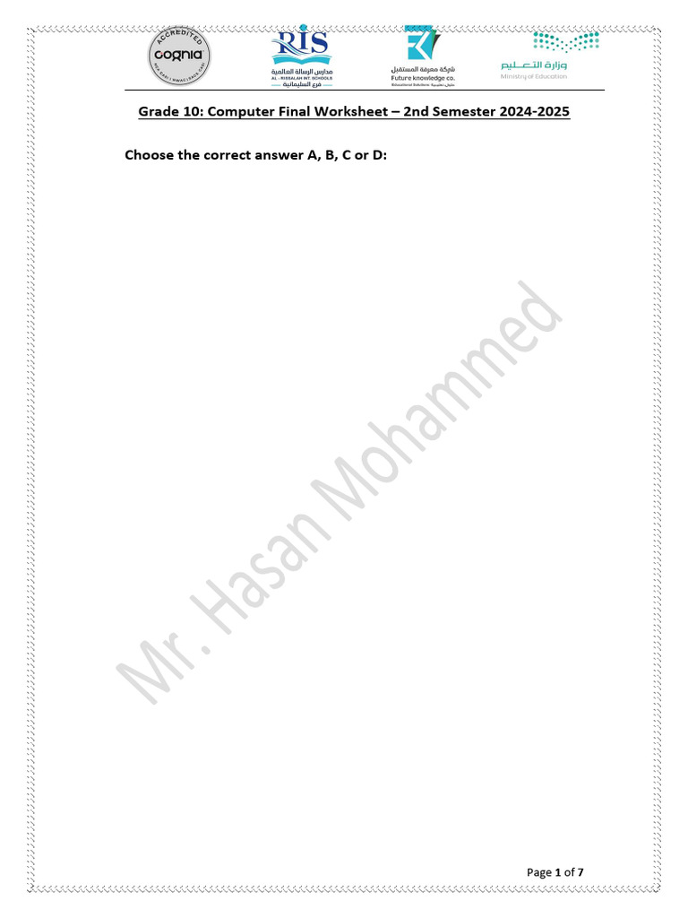 NO ANSWER - Gr.10 Computer Final Worksheet - 2nd Semester 2024-2025 ...