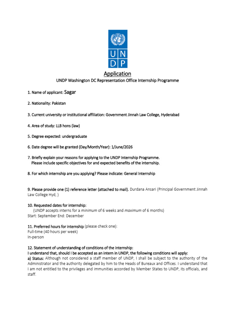 2024 May UNDP WRO Internship Application Form Sagar | PDF | Internship ...
