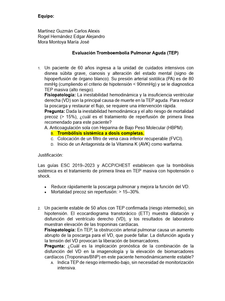 Evaluación Tromboembolia Pulmonar Aguda (TEP) | PDF | Medicina CLINICA ...