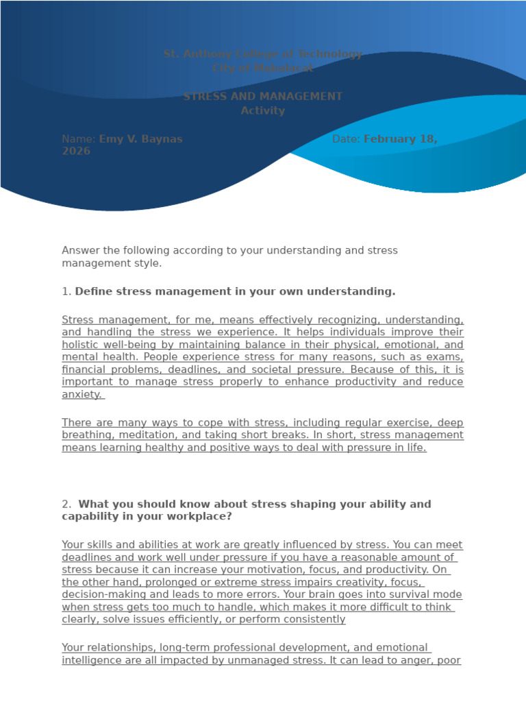 Stress Management ACTIVITY 1 | PDF | Stress Management | Stress (Biology)
