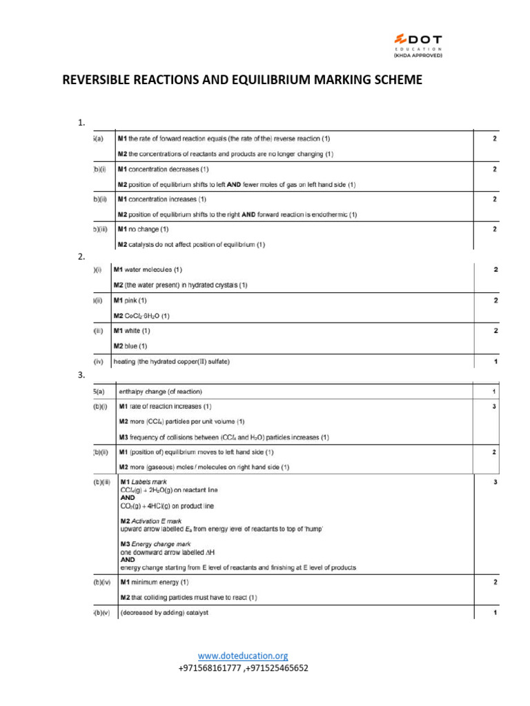 Reversible Reactions and Equilibrium Marking Scheme | PDF