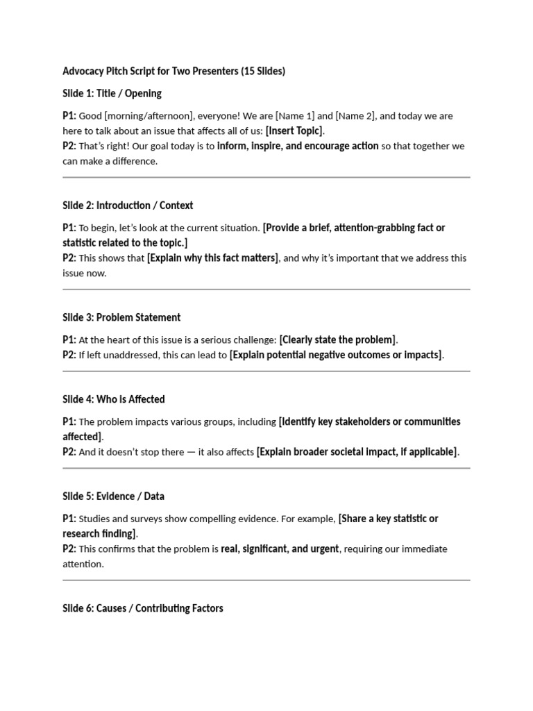 Advocacy Pitch Script For Two Presenters | PDF | Cognition