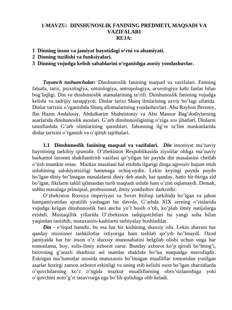 1 Mavzu Din 2024 | PDF