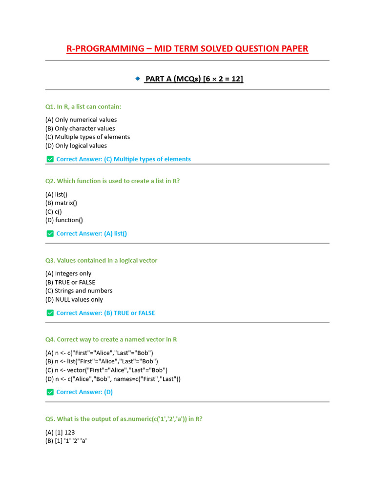 R-Programming Mid-Term Ques With Solutions | PDF | Function ...