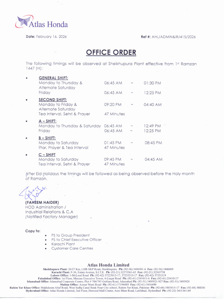 Office Order Ramzan Timings SKP Plant-2026 | PDF | Ramadan
